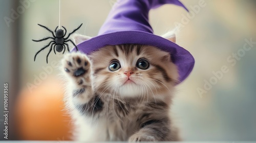 playful Halloween-themed image captures a cute kitten in a purple witch hat, reaching for a hanging spider decoration. The vibrant colors and soft lighting add a magical, festive touch.