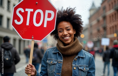 Young Black woman holds stop sign protesting abortion. American girl demonstrates against fertility crisis. Discontent, displeasure shown. Choice, decision problem. African woman at demonstration.