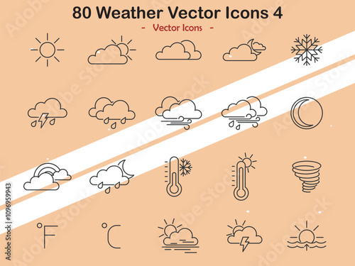 Icons depicting weather types and atmospheric conditions in vector style
