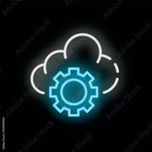 Neon blue gear setting symbol integrated with a white cloud computing icon glowing on a black background