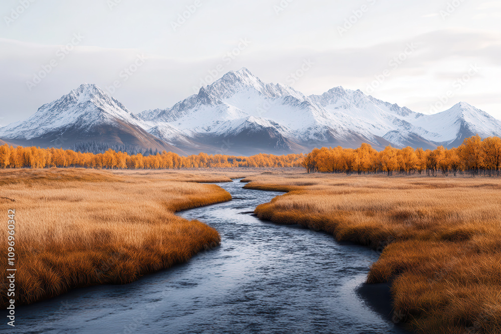 Scenic view of a tranquil river winding through golden autumn grasslands with snow-capped mountains in the background Scenic view of a tranquil river winding through golden autumn grasslands with snow-capped mountains in the background
