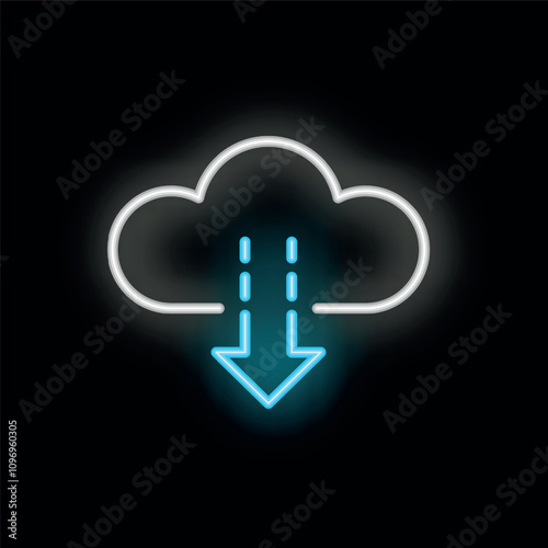 Blue and white neon icon of cloud computing downloading data with arrow on a black background