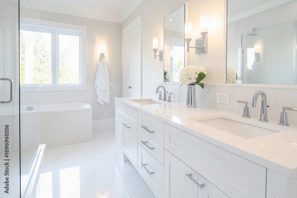 Bright, spacious bathroom showcasing contemporary design with white fixtures, marble countertops, and large windows illuminating the space Bright, spacious bathroom showcasing contemporary design with white fixtures, marble countertops, and large windows illuminating the space