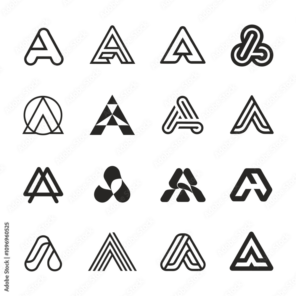 Collection of modern minimalist initial letter A logos on solid white background
Collection of modern minimalist initial letter A logos on solid white background