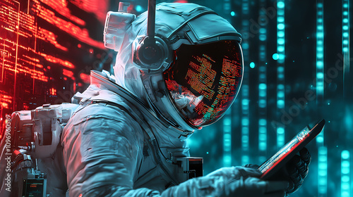 A futuristic spaceman reading programming code with it being reflected over his space helmet. Futuristic Robot Realm. Illustration photo