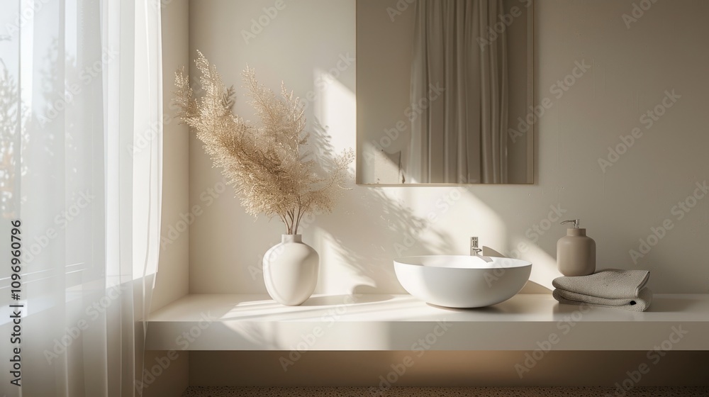 Minimalist bathroom with sunlight, pampas grass, and sink. Minimalist bathroom with sunlight, pampas grass, and sink.