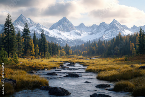 Beautiful Mountain Landscape with Snowy Peaks, River, and Autumn Forest in a Picturesque Valley