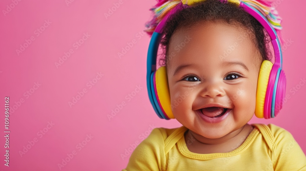 Baby wearing headphones and smiling. The baby is wearing a yellow shirt Baby wearing headphones and smiling. The baby is wearing a yellow shirt