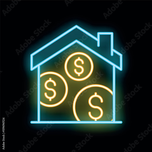 Glowing neon line house with dollar sign icon isolated on black background. Concept of home finance, buying, selling, renting, mortgage and rent. Vector illustration