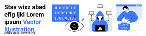 Binary code, eye surveillance, hacker in a hoodie with laptop, laptops network, person with cashback sign. Ideal for cybersecurity, programming, IT, online security, digital transactions, internet