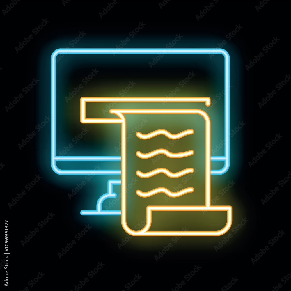 Glowing neon icon of a desktop computer printing a document on paper Glowing neon icon of a desktop computer printing a document on paper