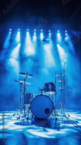 Drum set bathed in blue light on stage, awaiting the drummer for an electrifying rock concert