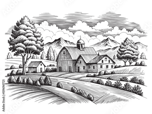 Rural landscape sketch on seashore with house sketch