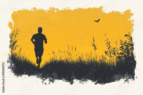 Minimalistic grassland silhouette of man jogging at sunset