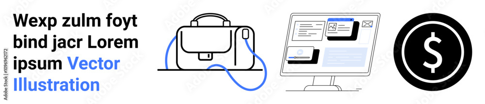 Business briefcase, desktop computer with web design, and a dollar symbol. Ideal for business, finance, web design, e-commerce, office work, corporate presentations, online services. Landing page Business briefcase, desktop computer with web design, and a dollar symbol. Ideal for business, finance, web design, e-commerce, office work, corporate presentations, online services. Landing page