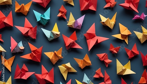 papel de origami y tijeras  una composición con papeles de colores vivos, figuras de origami terminadas, y unas tijeras o pegamento, dispuestos sobre una superficie ordenada. perfecto para temas arti photo