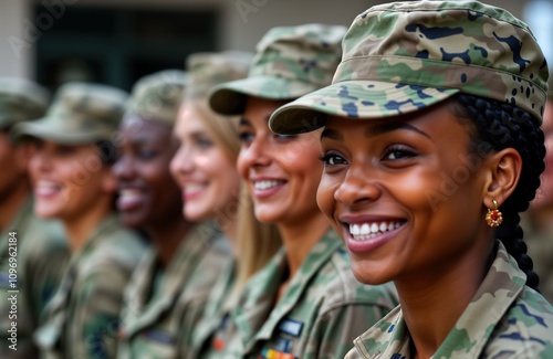 Smiling diverse female veterans attend PTSD support group. Military women in uniform participate in therapy. Mental health recovery. Group therapy session. Treatment for trauma disorder. photo