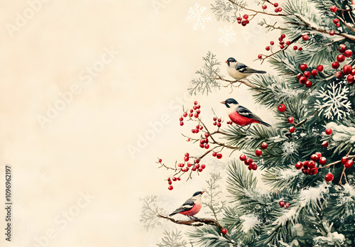 Christmas card background with a vintage design, featuring a decorated Christmas tree and birds in snowflakes. photo