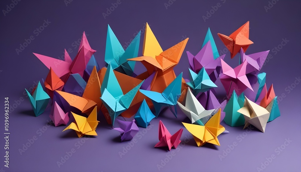 papel de origami y tijeras una composición con papeles de colores vivos, figuras de origami terminadas, y unas tijeras o pegamento, dispuestos sobre una superficie ordenada. perfecto para temas arti papel de origami y tijeras una composición con papeles de colores vivos, figuras de origami terminadas, y unas tijeras o pegamento, dispuestos sobre una superficie ordenada. perfecto para temas arti