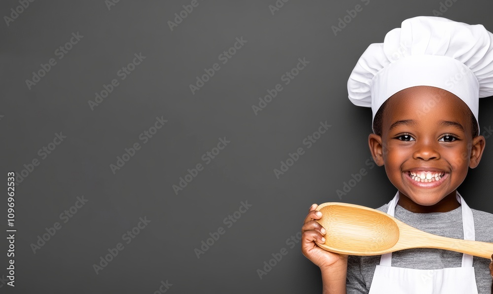 Young boy is holding a wooden spoon and wearing a chef's hat. He is smiling and he is happy Young boy is holding a wooden spoon and wearing a chef's hat. He is smiling and he is happy