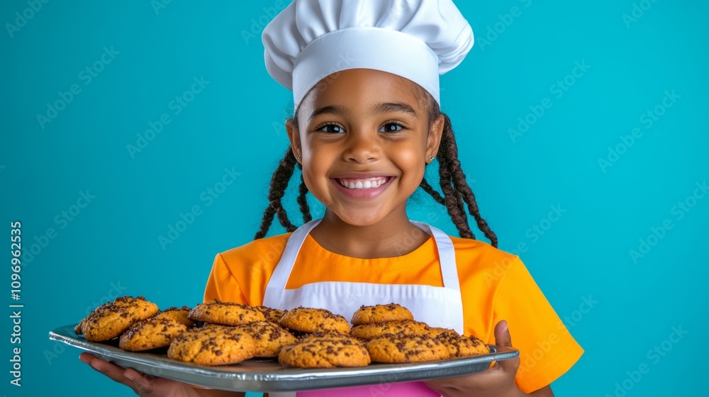 Young girl wearing an apron and a chef's hat is holding a tray of cookies. She is smiling and she is proud of her cookies Young girl wearing an apron and a chef's hat is holding a tray of cookies. She is smiling and she is proud of her cookies