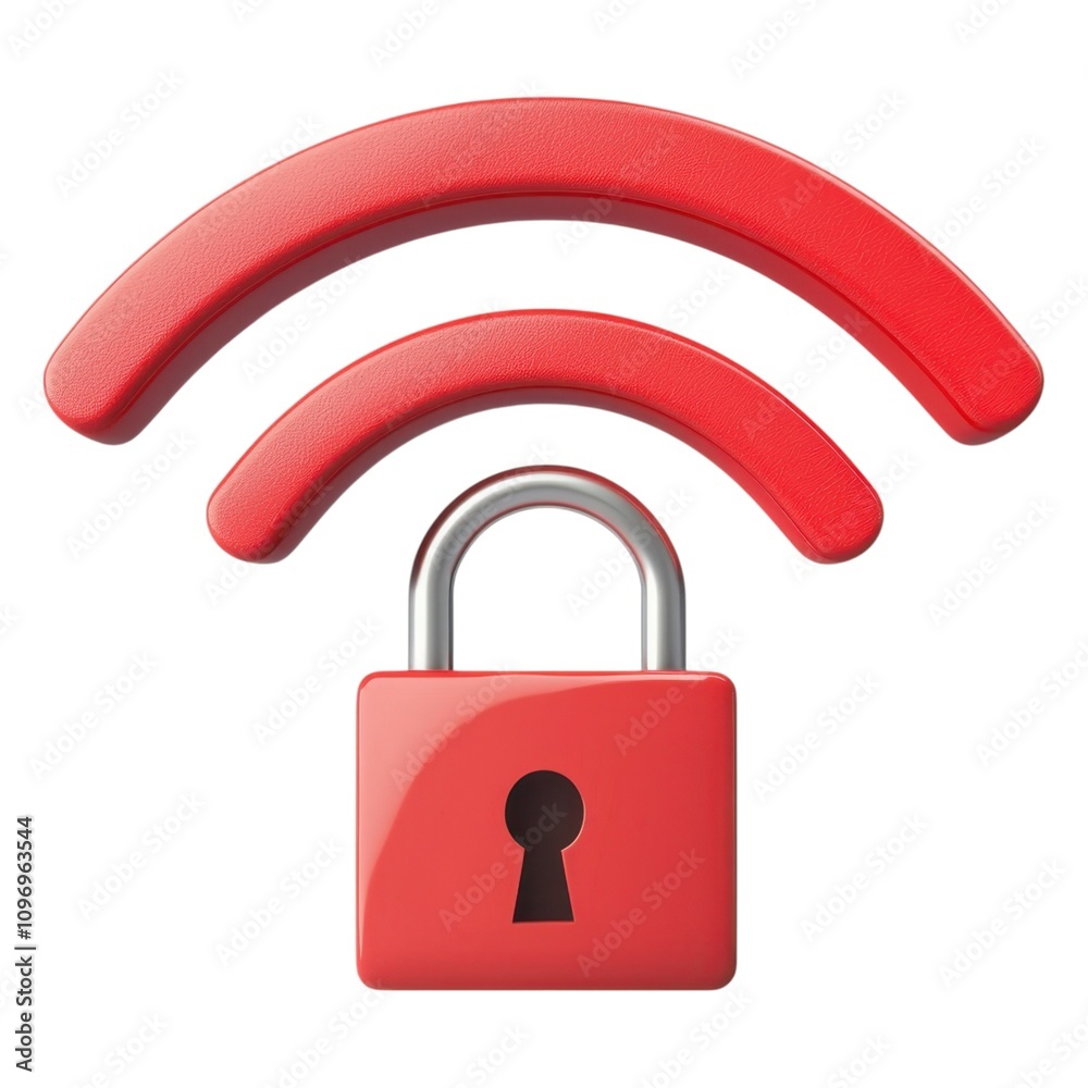 A red padlock with Wi-Fi signal lines represents security and internet protection in a digital context. A red padlock with Wi-Fi signal lines represents security and internet protection in a digital context.