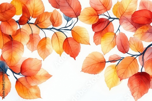 autumn leaves in warm oranges and yellows create a vibrant watercolor frame, isolated on a crisp white background, evoking the beauty and transition of the fall season