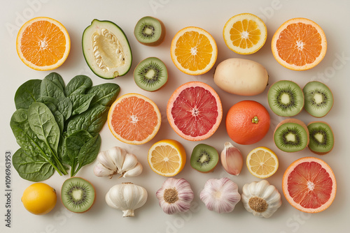 A selection of immune-boosting foods, including oranges, garlic, spinach, and kiwis, arranged beautifully on a clean countertop for a health-conscious lifestyle.