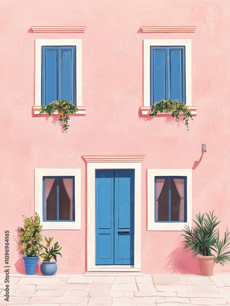 Pastel Pink House with Blue Door and Windows - Charming pastel pink house, blue door, windows, plants, serenity. Mediterranean vibe, summer home, idyllic scene. Pastel Pink House with Blue Door and Windows - Charming pastel pink house, blue door, windows, plants, serenity. Mediterranean vibe, summer home, idyllic scene.