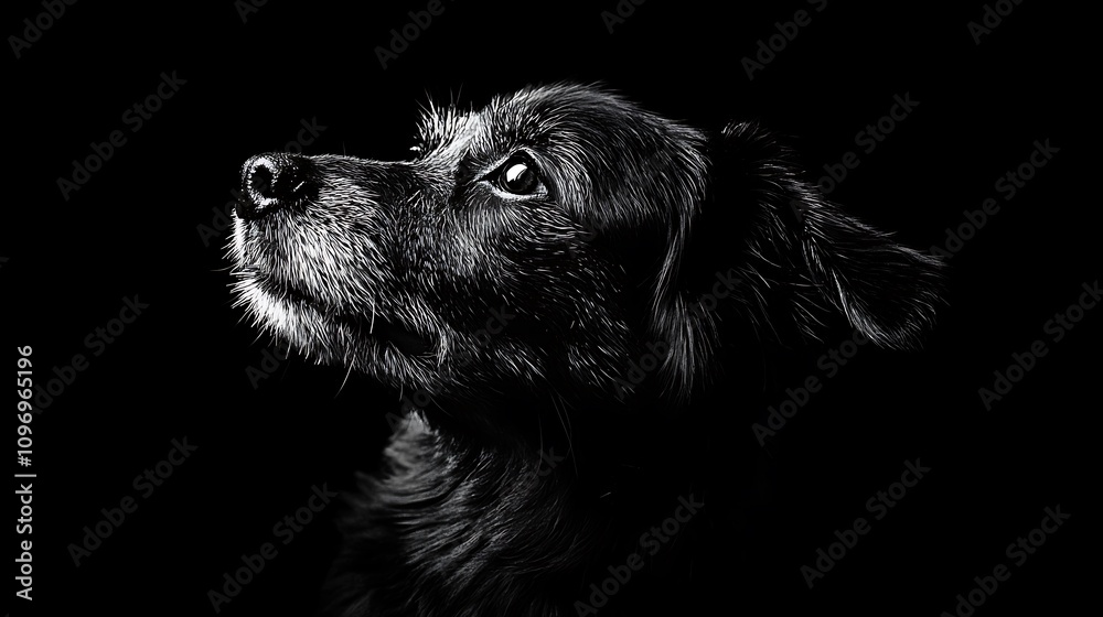 A black and white close-up portrait of a dog looking up, its fur detailed against a dark background. The image is moody and evocative. A black and white close-up portrait of a dog looking up, its fur detailed against a dark background. The image is moody and evocative.