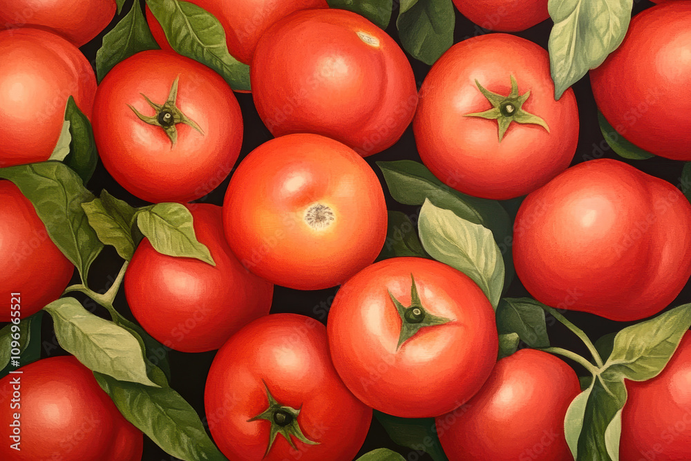 Close-up of ripe red tomatoes with green leaves on black background Close-up of ripe red tomatoes with green leaves on black background