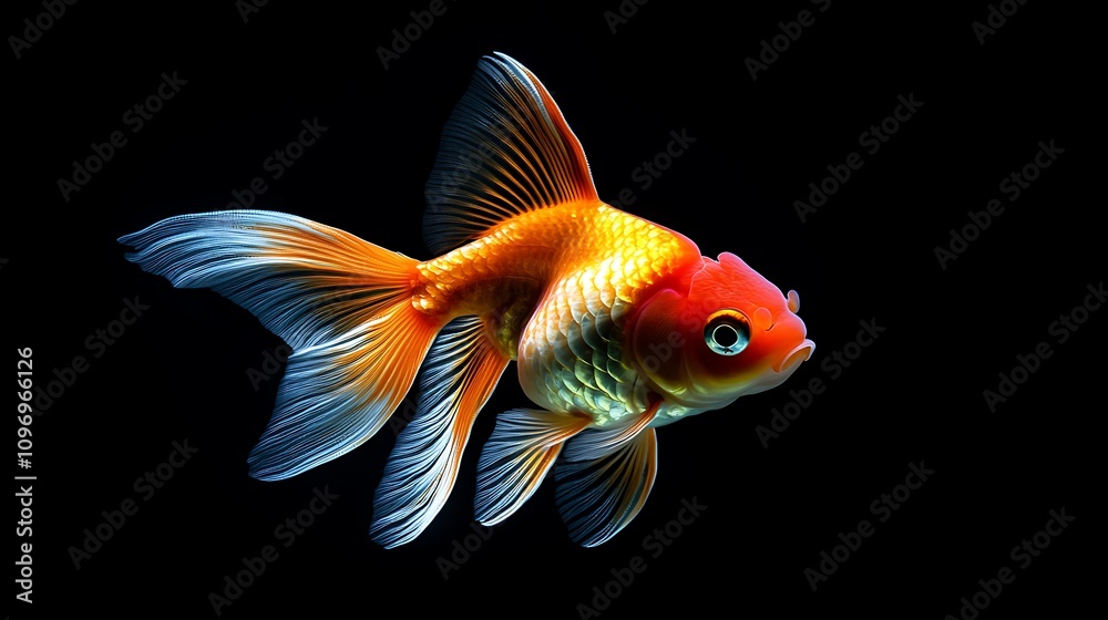Vibrant goldfish with flowing fins, set against a stark black background. The rich orange and red hues of the fish stand out dramatically. Vibrant goldfish with flowing fins, set against a stark black background. The rich orange and red hues of the fish stand out dramatically.