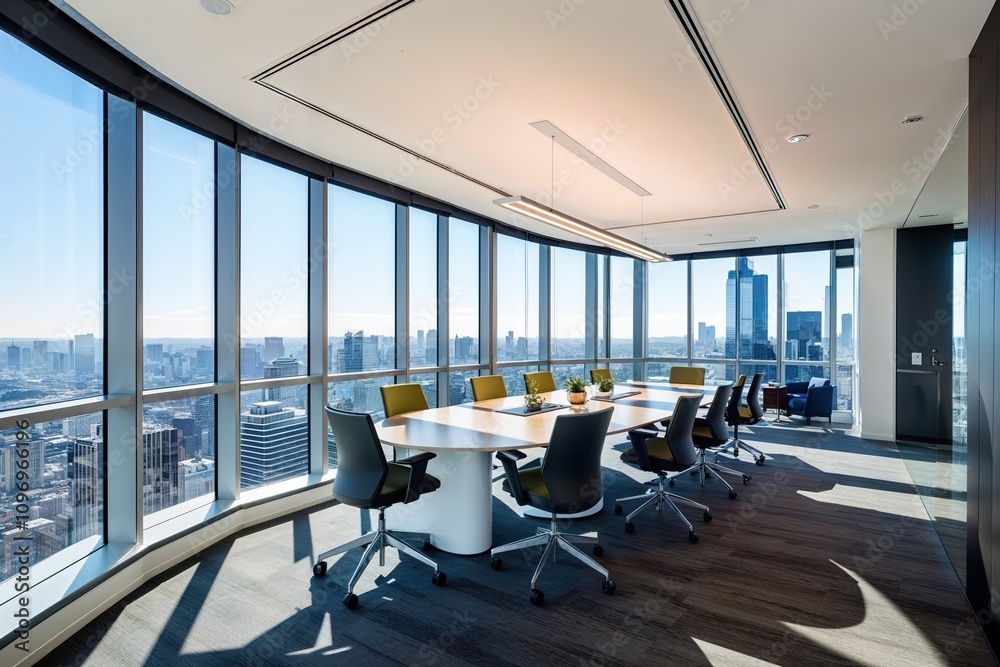 Bright Daylight Corporate Workspace with Cityscape Vistas and Innovative Interior Designs Bright Daylight Corporate Workspace with Cityscape Vistas and Innovative Interior Designs