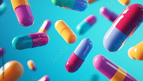 Colorful Capsules Falling Against A Blue Background photo