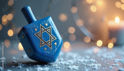 Blue wooden dreidel with a golden Star of David and stars on a festive background with candles photo