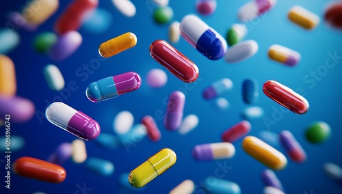 Colorful Capsules Falling Against A Blue Background