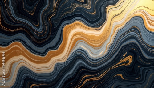 Abstract fluid art background gold black white paint swirls. Marble liquid texture elegant backdrop. Wavy lines create smooth flowing pattern. Stylish design wallpaper banner. Luxury interior decor