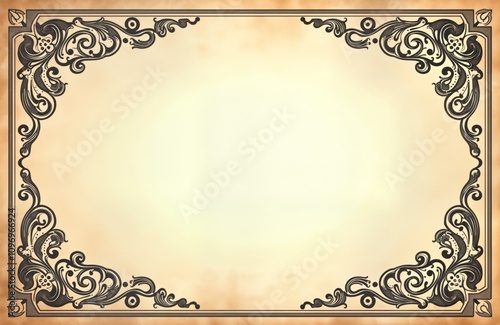 Aged paper background. Vintage ornate frame. Empty space. Lace pattern border. Funeral flyer mockup. Design template. Memorial card. Invitation design. Graphic resource. photo