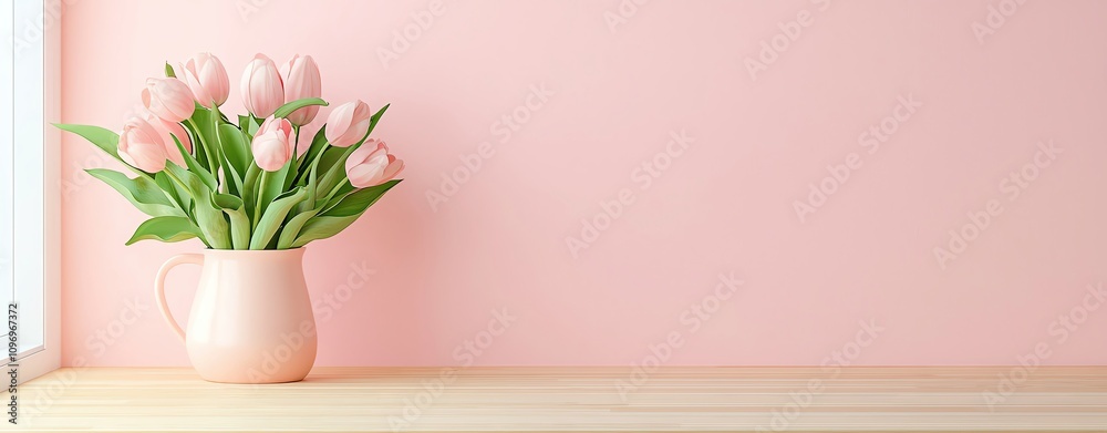 Εκτύπωση καμβά sweet pastel valentine Pink tulips in a vase on a wooden table.