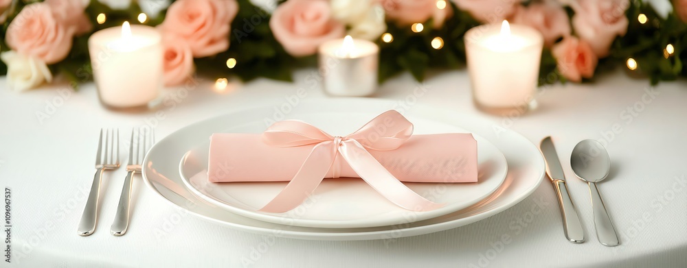 sweet pastel valentine Elegant table setting with roses and candles. sweet pastel valentine Elegant table setting with roses and candles.