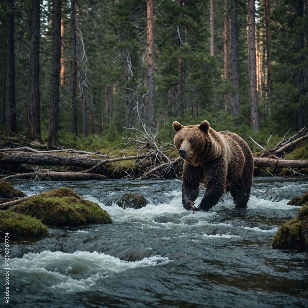 A bear catching a fish from a rushing river in a dense pine forest.