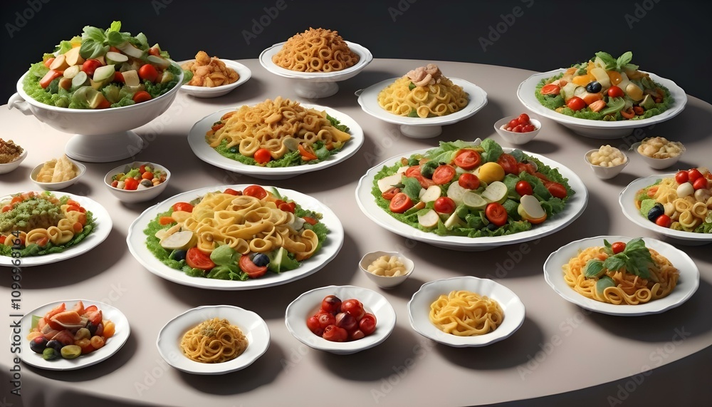 Platos de Comida Elegantes Una composición con platos bien decorados de diferentes tipos de comida (ensaladas, pastas, postres) sobre una mesa elegante. Ideal para fondos gastronómicos Platos de Comida Elegantes Una composición con platos bien decorados de diferentes tipos de comida (ensaladas, pastas, postres) sobre una mesa elegante. Ideal para fondos gastronómicos