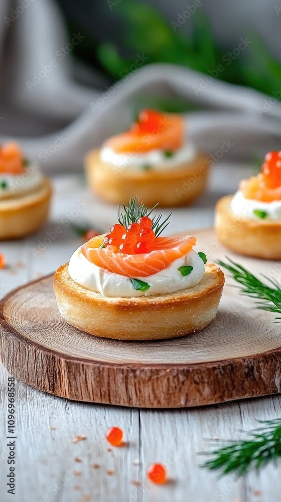 Delightful cream cheese tartlets with salmon and caviar, perfect for elegant gatherings and festive events Delightful cream cheese tartlets with salmon and caviar, perfect for elegant gatherings and festive events