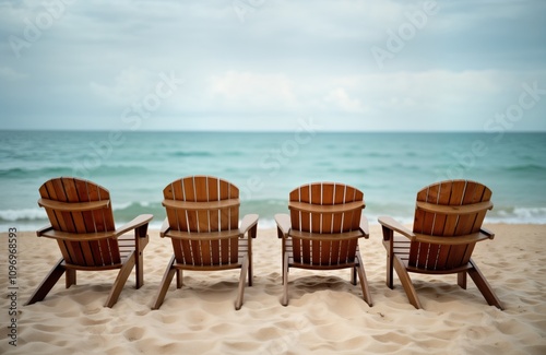 Four wooden chairs sit on sandy beach facing ocean. Calm sea water under cloudy sky. Summer holiday relaxation. Tropical coast resort. Beach vacation scene. Travel destination. Island getaway.