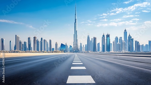 Dubai Skyline Viewed From Empty Highway Road