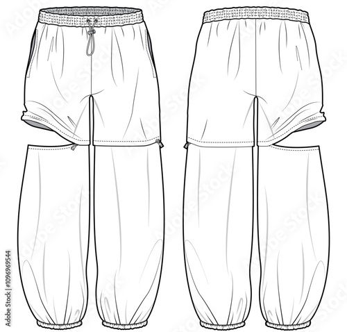 unisex drawstring elastic waist convertible trouser flat sketch vector illustration active pant front and back view technical cad drawing template