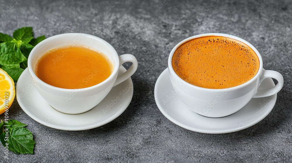 Cozy tea cup with honey lemon and robust espresso shot on marble table