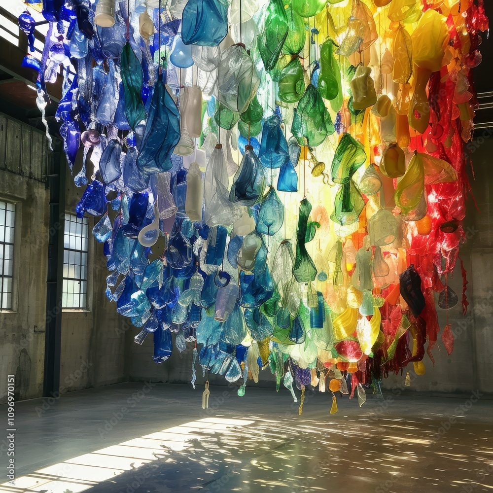 Naklejka premium Colorful plastic objects hang from the ceiling in a sunlit room. Concept is vibrant, artistic installation. For modern art or eco-friendly design.