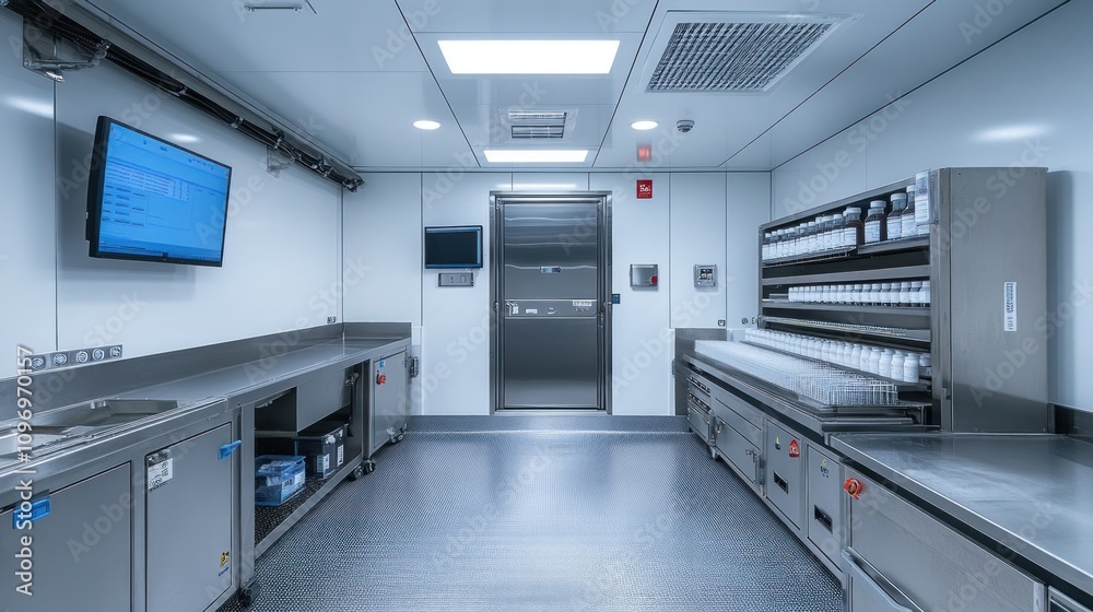 Sterile laboratory interior design: Stainless steel counters, storage, and equipment in a cleanroom environment. Modern medical facility. Sterile laboratory interior design: Stainless steel counters, storage, and equipment in a cleanroom environment. Modern medical facility.