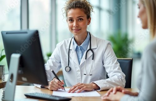 Female doctor consults patient. Woman physician writes notes. Healthcare pro in clinic uses computer. Medical consultation in office. Health check-up. Doctor patient interaction. photo